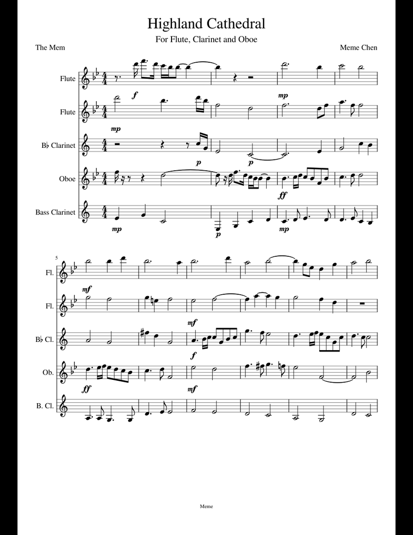 Highland Cathedral Sheet Music For Flute, Oboe, Clarinet In B-flat ...