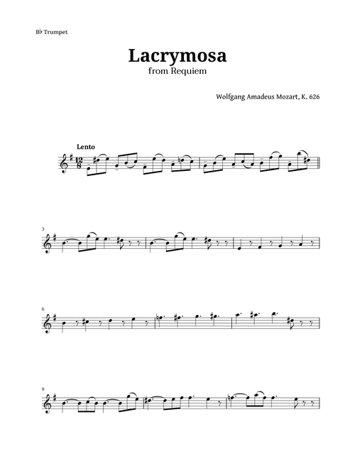 Lacrymosa from Requiem by Mozart for Trumpet (Arr. Langanho) (Trumpet Solo)