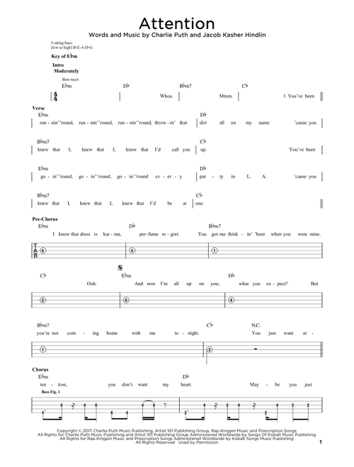 Attention - Charlie Puth (Easy Bass Tab)