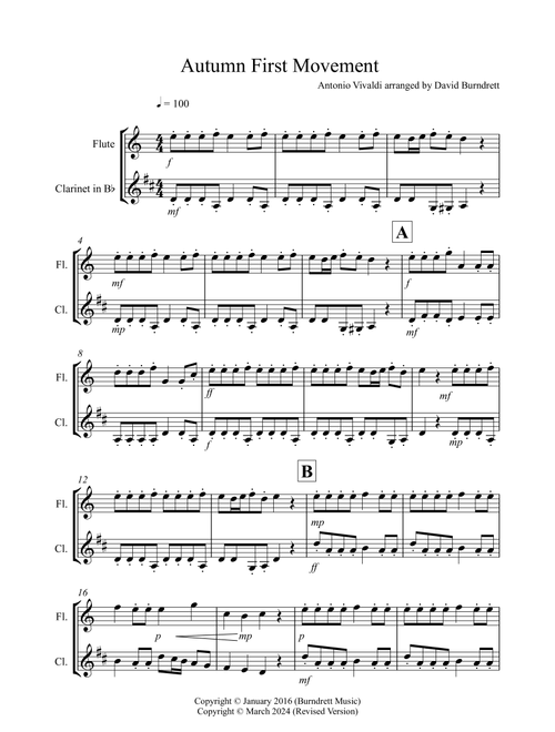 Autumn (First Movement) for Flute and Clarinet Duet (Arr. David Burndrett) - Antonio Vivaldi (Instrumental Duet)