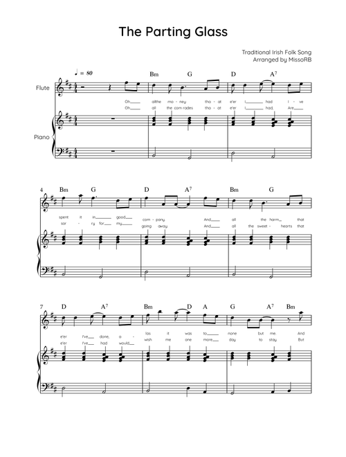 The Parting Glass - Flute & Piano in D - Easy With Chords & Lyric (Arr. MissoRB) - Traditional Irish Folk Song (Flute and Piano)