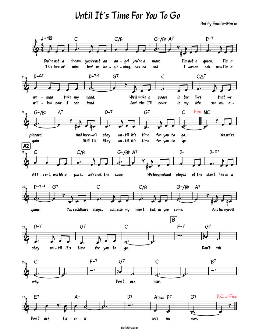 Until It's Time For You To Go (Lead sheet with lyrics ) Sheet Music ...