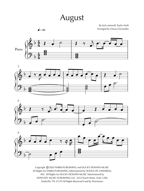 August (Arr. Glauco Fernandes) - Taylor Swift (Easy Piano)