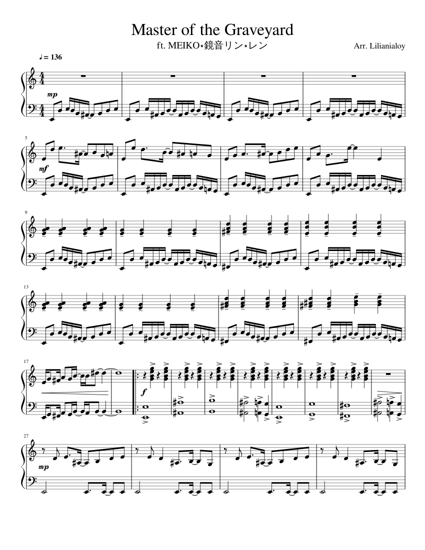 Master of the Graveyard (vocaloid song) - intermediate Sheet Music