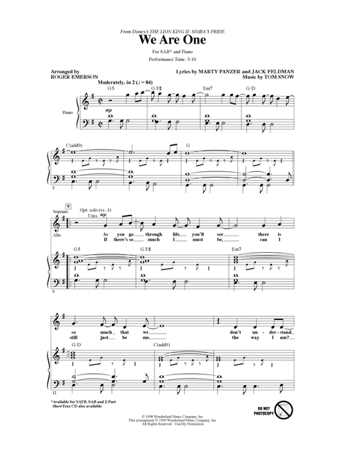 We Are One (from The Lion King II: Simba's Pride) (arr. Roger Emerson) - Cam Clarke & Charity Sanoy, Marty Panzer (Choral, SAB)
