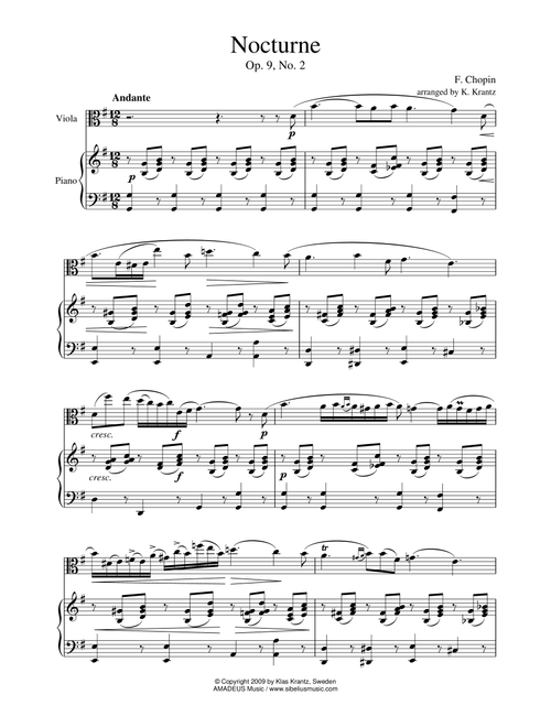 Nocturne Op. 9 No. 2 for viola and piano (abridged) (Arr. Klas Krantz) - F. Chopin (Viola and Piano)