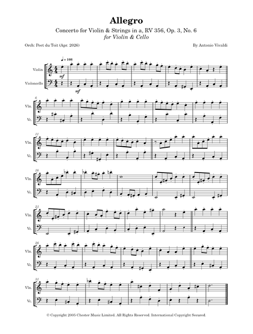 Allegro from Concerto for Violin and Strings in a, RV 356, Op. 3, No. 6 – Antonio Vivaldi