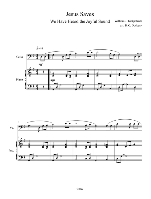 Jesus Saves (We Have Heard the Joyful Sound) Cello Solo with Piano (Arr. B. C. Dockery) - William J Kirkpatrick (Cello and Piano)
