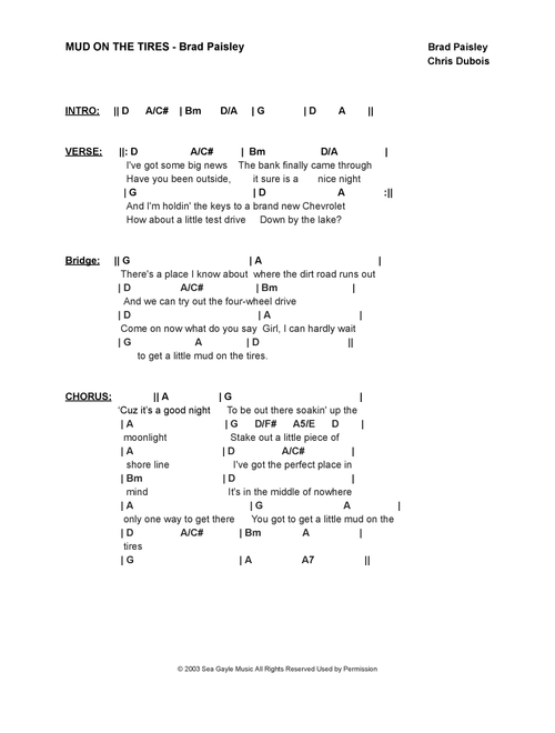 Mud On The Tires (Arr. Bronson Ferdinand Wright) - Brad Paisley (Guitar Chords-Lyrics)