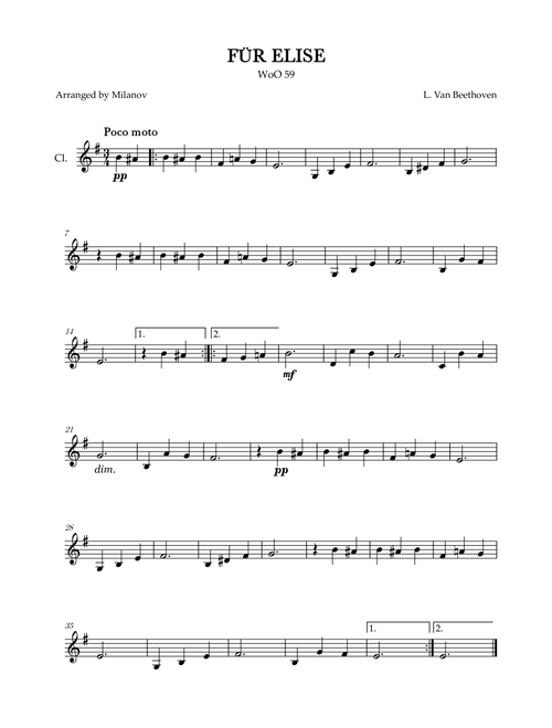 Fur Elise | WoO 59 | Beethoven | clarinet | easy | D minor (Arr. Milanov) (Clarinet Solo)