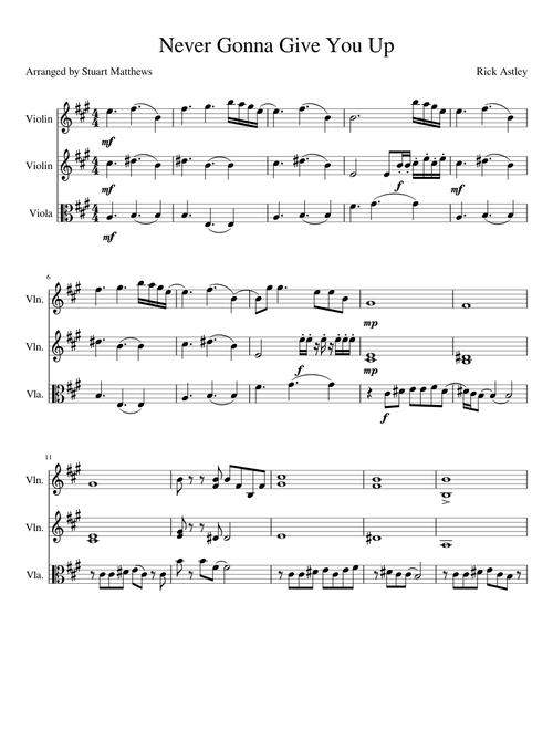Never Gonna Give You Up - String Trio (2 Violins and Viola)