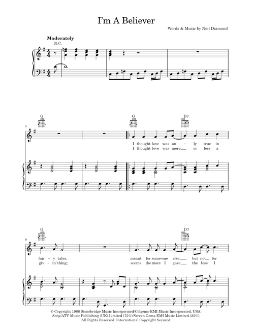 I'm A Believer - Neil Diamond, The Monkees (Piano-Vocal-Guitar (Piano Accompaniment))
