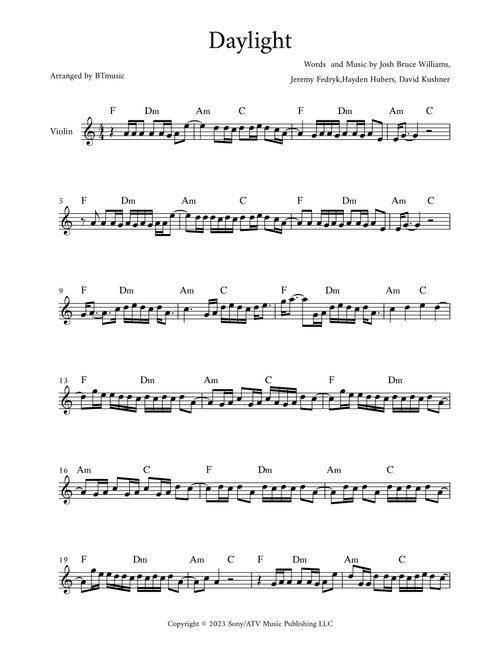 Daylight (Arr. BTmusic) - David Kushner (Violin Solo)
