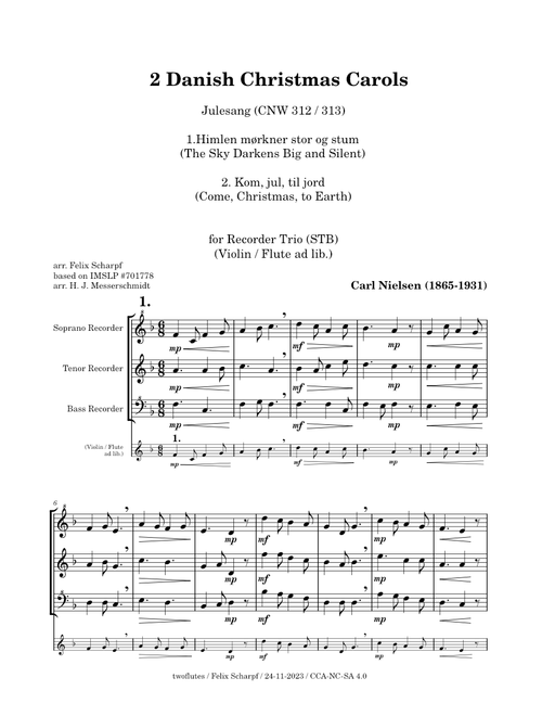 2 Danish Christmas Carols - Carl Nielsen (CNW 312/313) easy arr. for Recorder Trio
