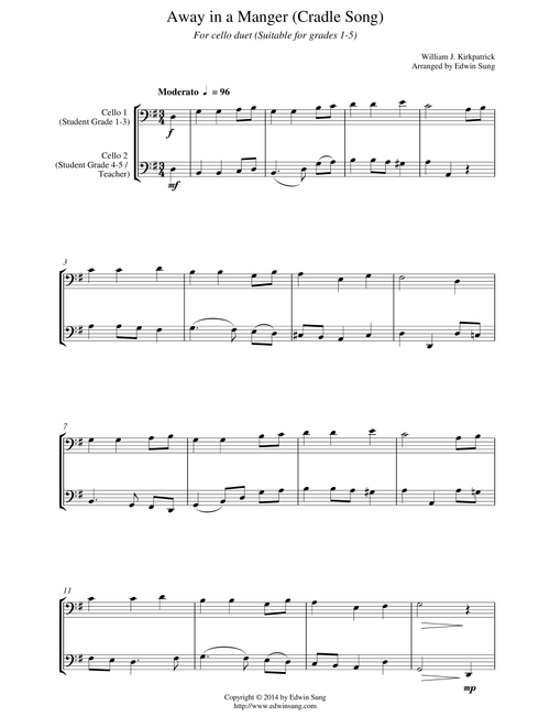 Away in a Manger (Cradle Song) (for cello duet, suitable for grades 1-5) (Arr. Edwin Sung) - William J. Kirkpatrick (Cello Solo)