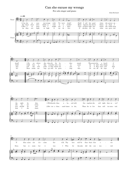 Can she excuse my wrongs (for piano and singer) – John Dowland