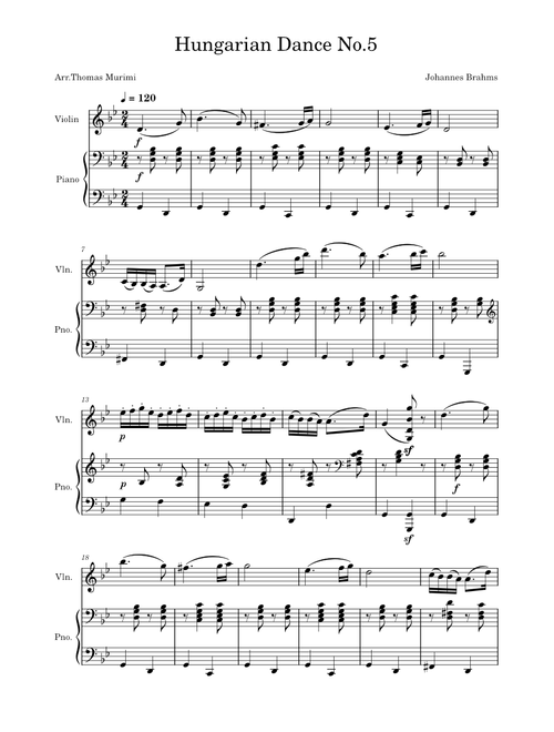 Hungarian Dance No. 5 – Johannes Brahms Hungarian Dance no.5 By Johannes Brahms For Violin and Piano