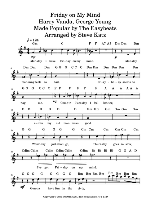 Friday On My Mind (Arr. Steve Katz) - Easybeats (Lead Sheet - Fake Book)