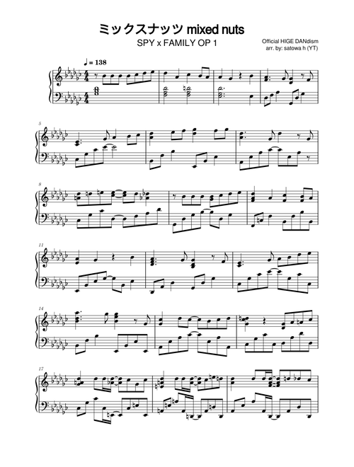[piano sheet] official 髭男dism / ミックスナッツ mixed nuts (SPY x FAMILY OP 1)