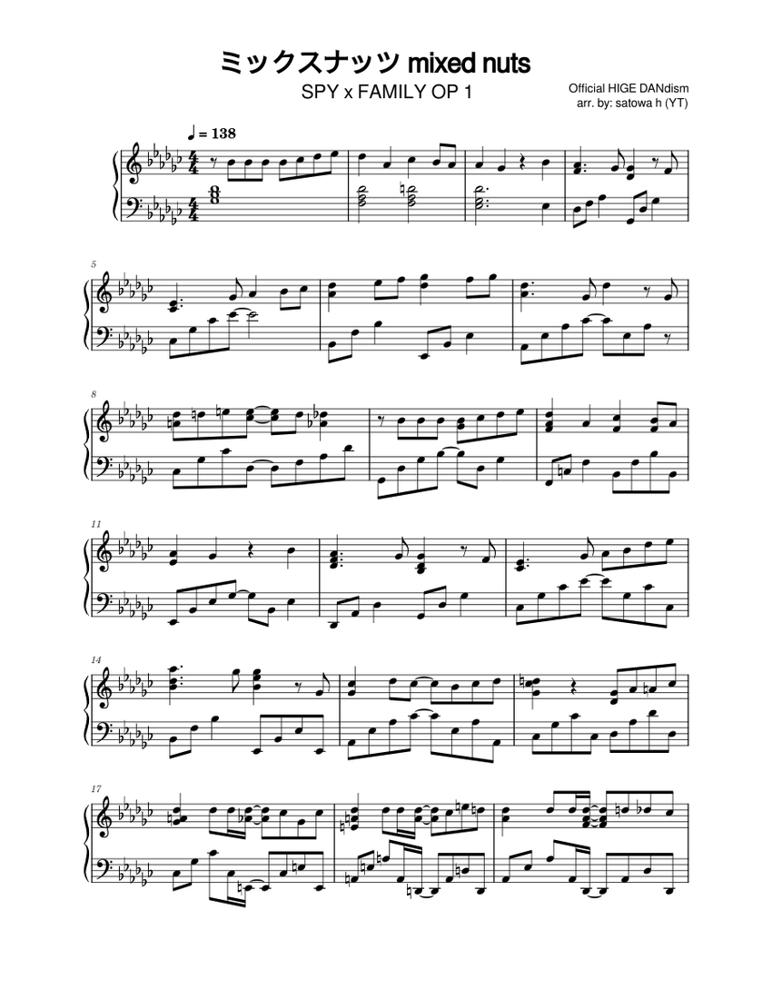 piano sheet] official 髭男dism / ミックスナッツ mixed nuts (SPY x
