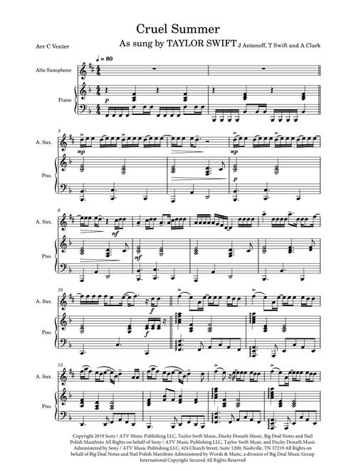 Cruel Summer (Arr. Caroline Venter) - Taylor Swift (Alto Sax and Piano)