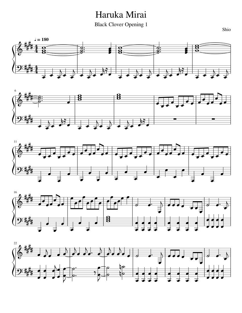 Black Clover Opening 1 Haruka Mirai Piano Arrangement Sheet Music