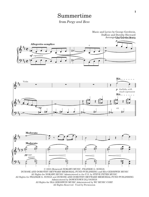 Summertime (from Porgy and Bess) (Arr. Celeste Avery) - Ira Gershwin, DuBose Heyward, Dorothy Heyward (Violin and Piano)