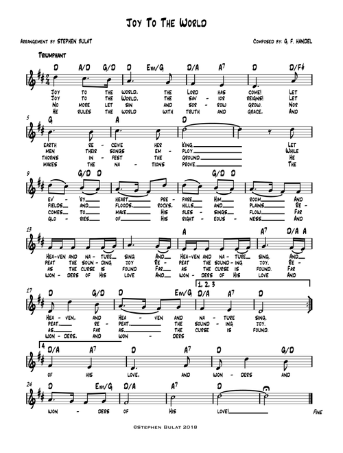Joy To The World - Lead sheet (melody, lyrics & chords) in key of D (Arr. Stephen Bulat) - G. F. Handel (Large Ensemble)