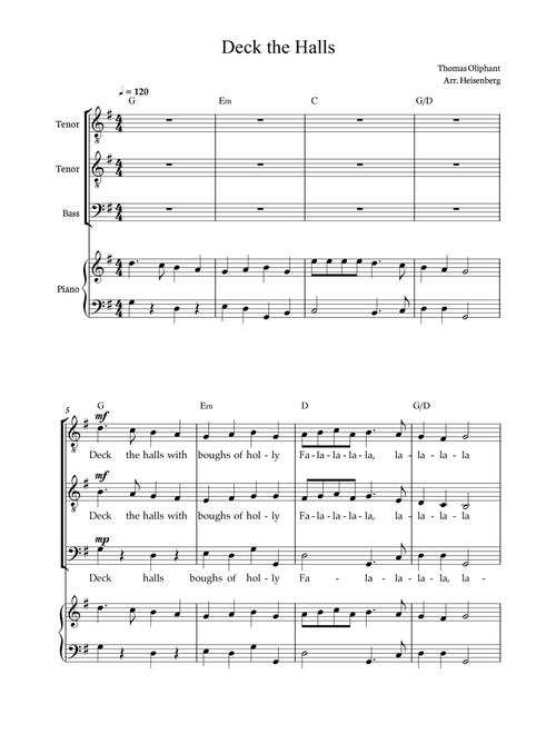 Deck The Hall - Christmas Songs for Choir TTB. Score and parts included. (Arr. Heisenberg) - Thomas Oliphant (Choral, TTB)