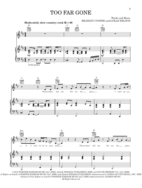 Too Far Gone (from A Star Is Born) - Bradley Cooper (Piano-Vocal-Guitar)