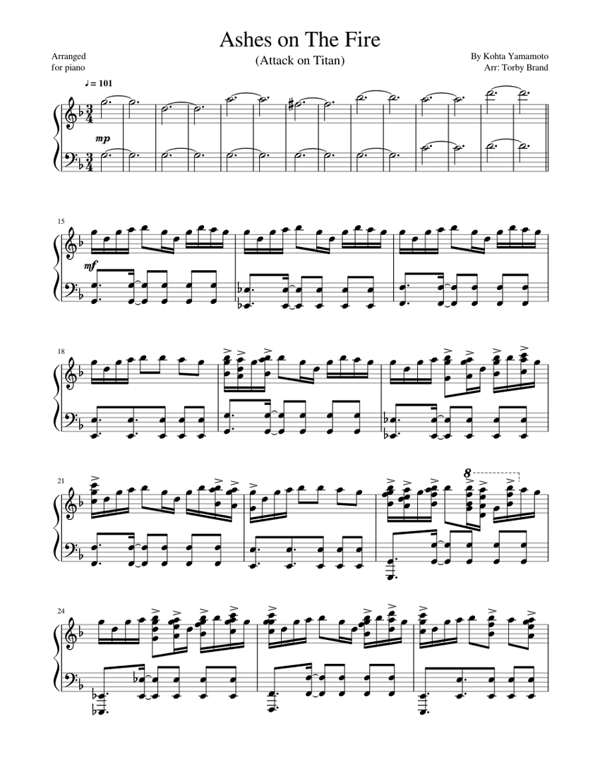 Ashes on The Fire (Attack on Titan) Sheet Music for Piano (Solo