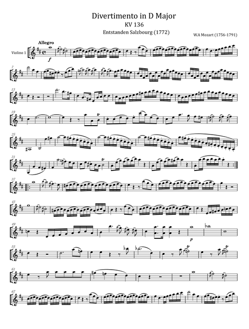 Mozart - Divertimento in D major, K.136/125a - For Violin1 Solo Original (Arr. poon) - Wolfgang Amadeus Mozart (Violin Solo)