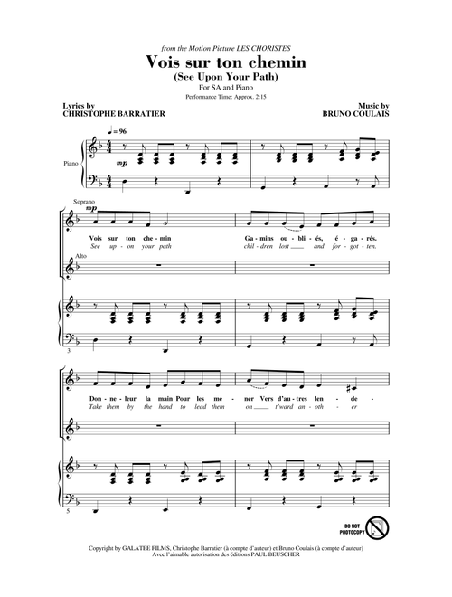 Vois sur ton chemin (See Upon Your Path) (from Les Choristes) - Christophe Barratier and Bruno Coulais, Bruno Coulais (Choral, 2-Part)