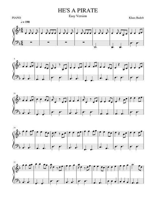 He's A Pirate - Easy Piano