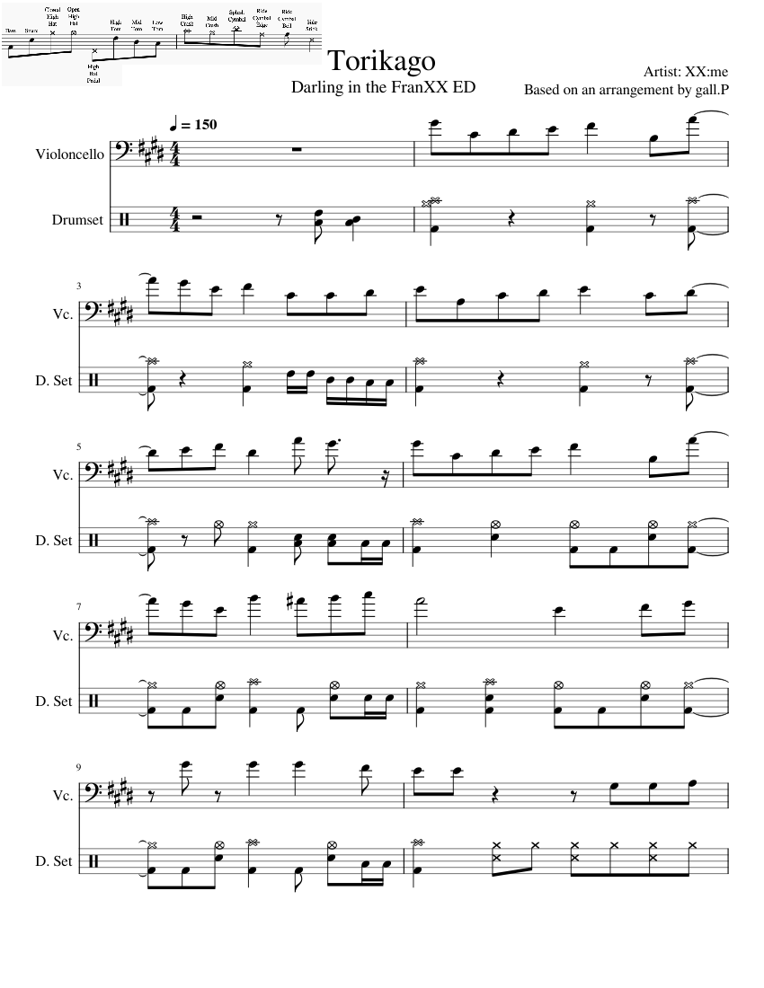 Torikago (Darling in the FranXX ED) - Drum Tab Sheet Music for