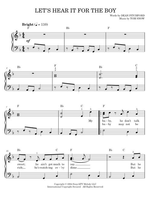 Let's Hear It For The Boy - Dean Pitchford, Footloose Musical, Tom Snow (Easy Piano)