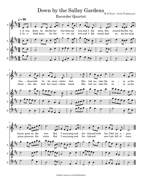 Down by the Salley Gardens D Recorder Quartet