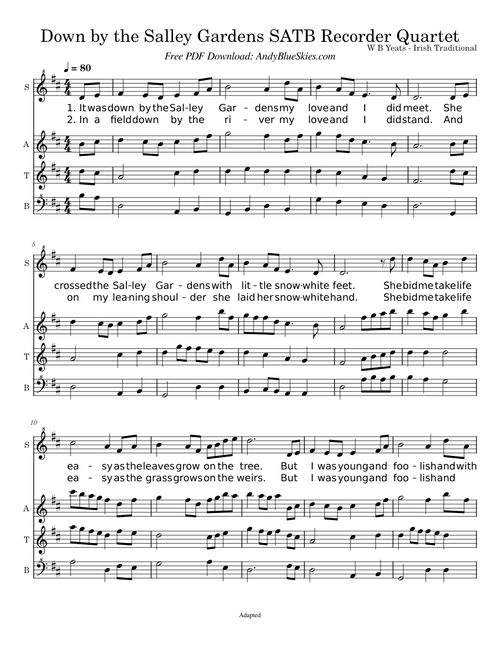 Down by the Salley Gardens D Recorder Quartet