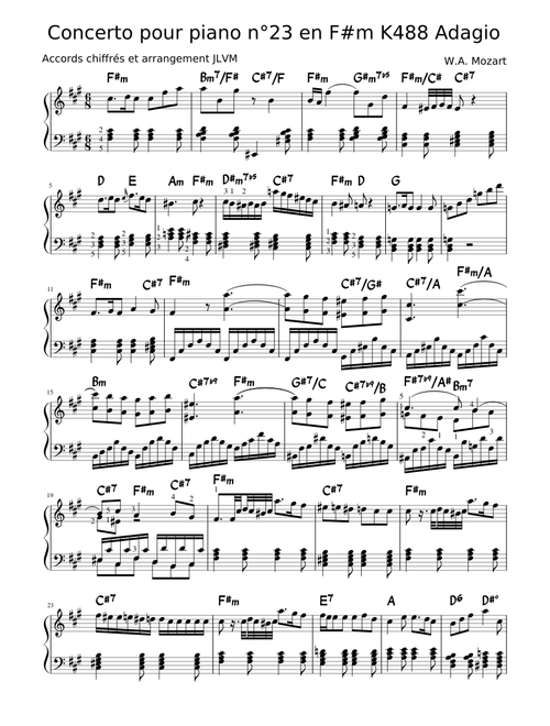 Mozart concerto pour piano n°23 Adagio piano solo version simplifiée avec accords chiffrés