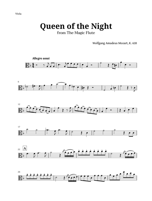 Queen of the Night by Mozart for Viola Solo (Arr. Langanho) (Viola Solo)