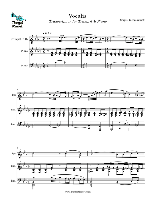 Sergei Rachmaninoff - Vocalise for Trumpet and Piano - PDF SCORES