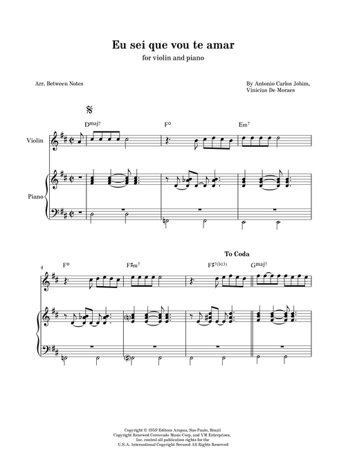 Eu Sei Que Vou Te Amar (Arr. Between Notes) - Antonio Carlos Jobim, Vinicius de Moraes (Violin and Piano)