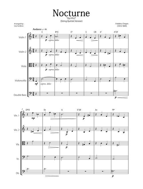 "Nocturne" (Chopin) - Beautiful EASY version for STRING QUINTET. (Arr. Iury Cardoso) - Frédéric Chopin (String Ensemble)