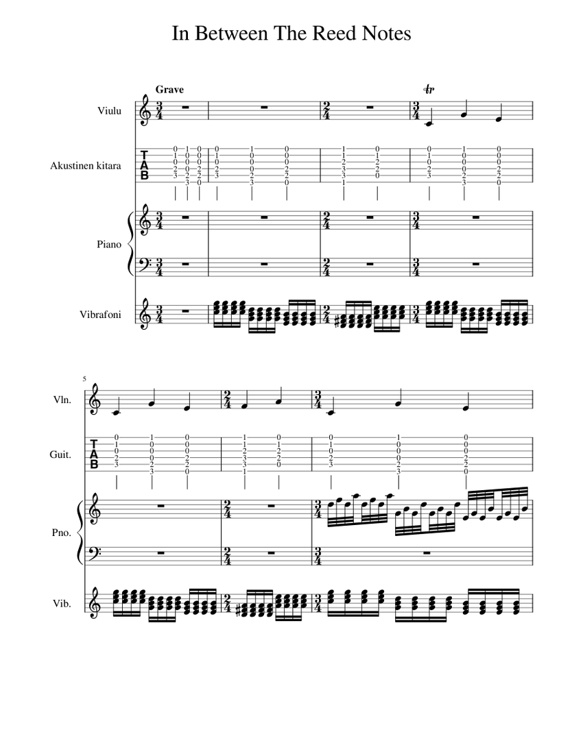 In Between The Reed Notes Sheet Music and Tab for Piano, Vibraphone ...
