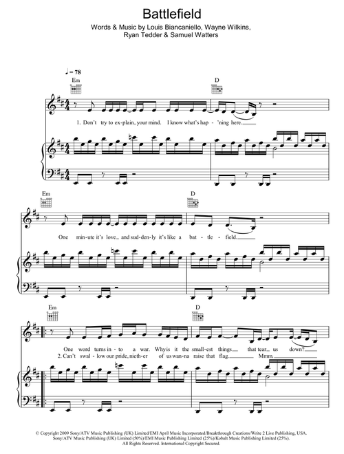 Battlefield - Jordin Sparks (Piano-Vocal-Guitar (Piano Accompaniment))
