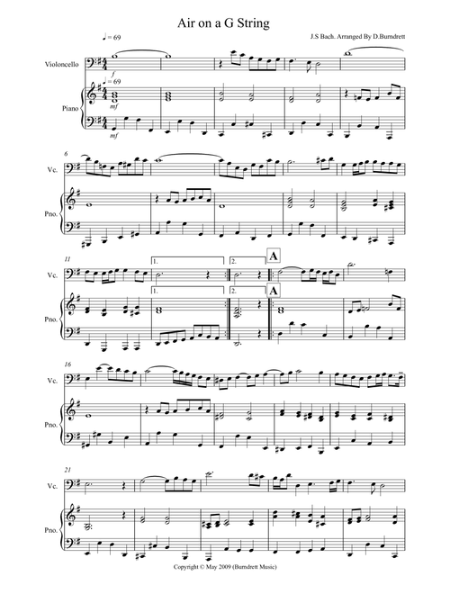 Air on a G String for Cello and Piano (Arr. David Burndrett) - JS Bach (Instrumental Duet)