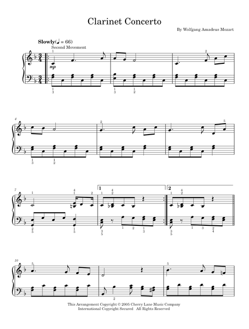 Clarinet Concerto (Second Movement) - Wolfgang Amadeus Mozart (Easy Piano)