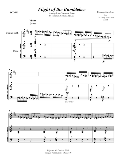 Korsakov: Flight of the Bumblebee for Clarinet & Piano (Arr. James M. Guthrie, ASCAP) (Clarinet and Piano)