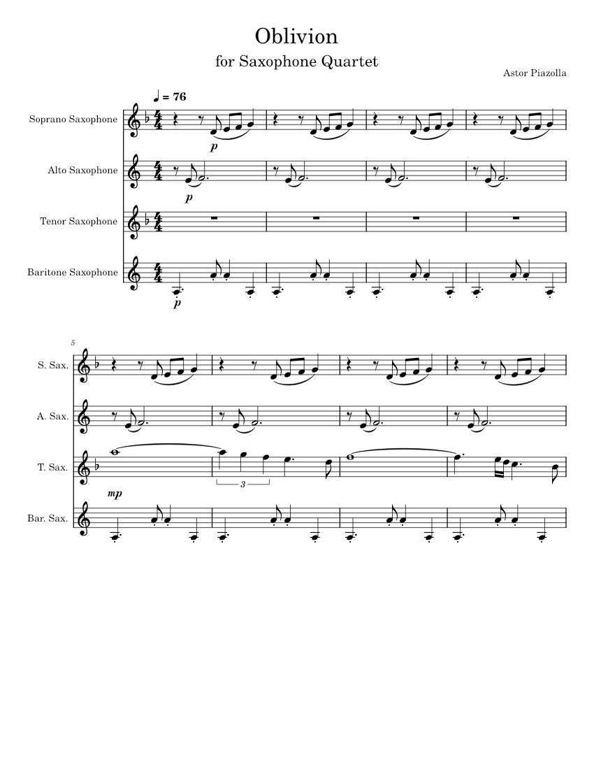 Oblivion Saxophone Quartet piano tutorial