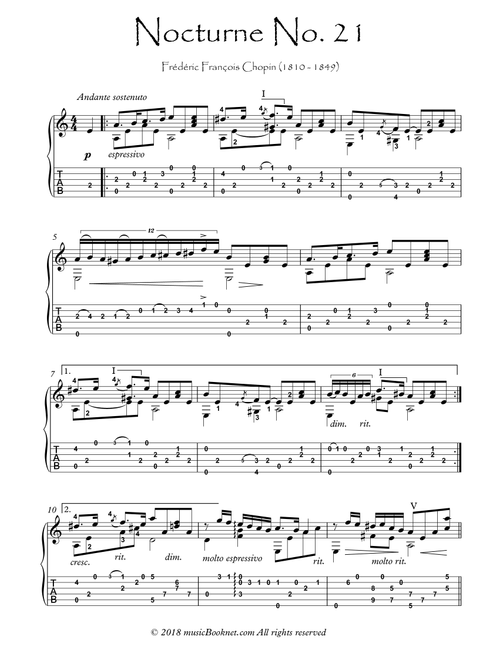 Nocturne 21 by Chopin for guitar solo (Arr. PianoSheetNow) - Frederic Chopin (Guitar Tab)